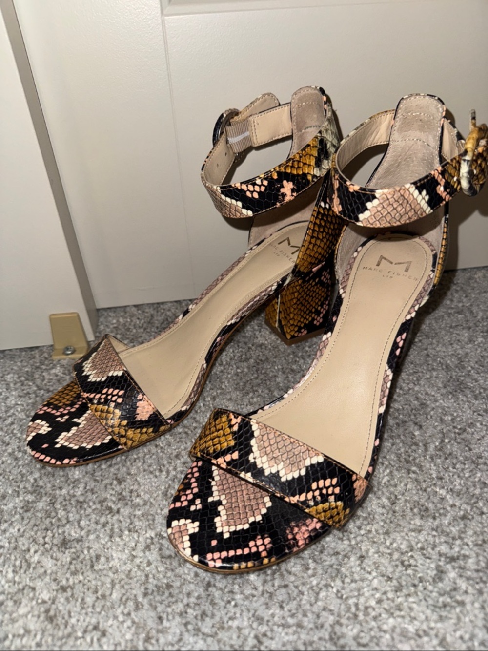 Marc Fisher Multi-Color Snake-Print Block Heel Sandals